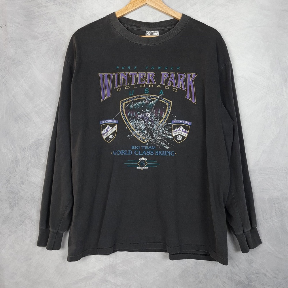 Vintage Oneita Winter Park Colorado Shirt Mens Large Black Ski Graphic 90s